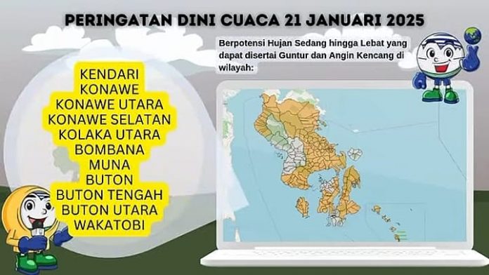 Badan Meteorologi, Klimatologi, dan Geofisika (BMKG) mengeluarkan peringatan dini cuaca untuk wilayah Sulawesi Tenggara (Sultra) yang berlaku mulai 21 hingga 26 Januari 2025.