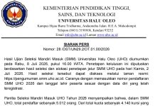 UHO Umumkan Hasil Seleksi Mandiri 2026, 3.526 Peserta Lulus, Gelombang II Segera Dibuka